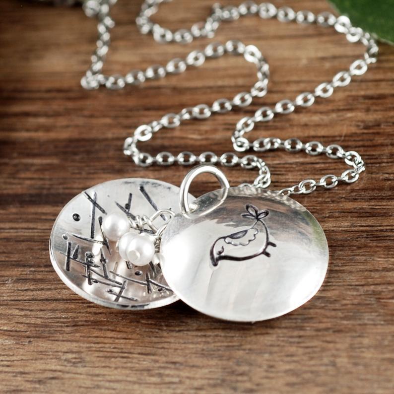 Mama Bird Necklace with Nesting Eggs.
