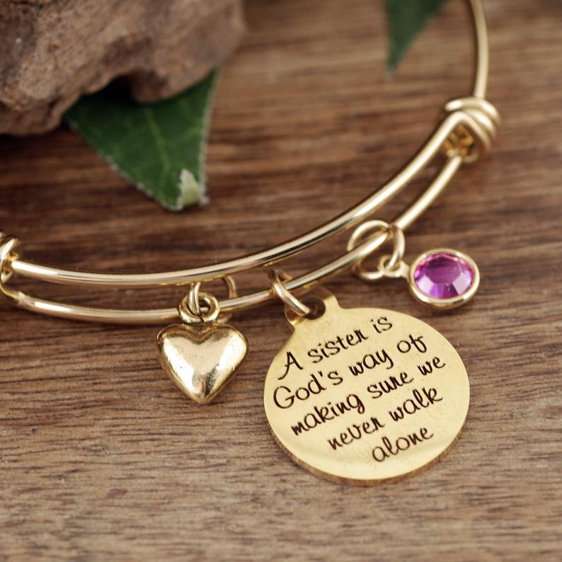 Personalized Sister Bangle Bracelet with Birthstone.