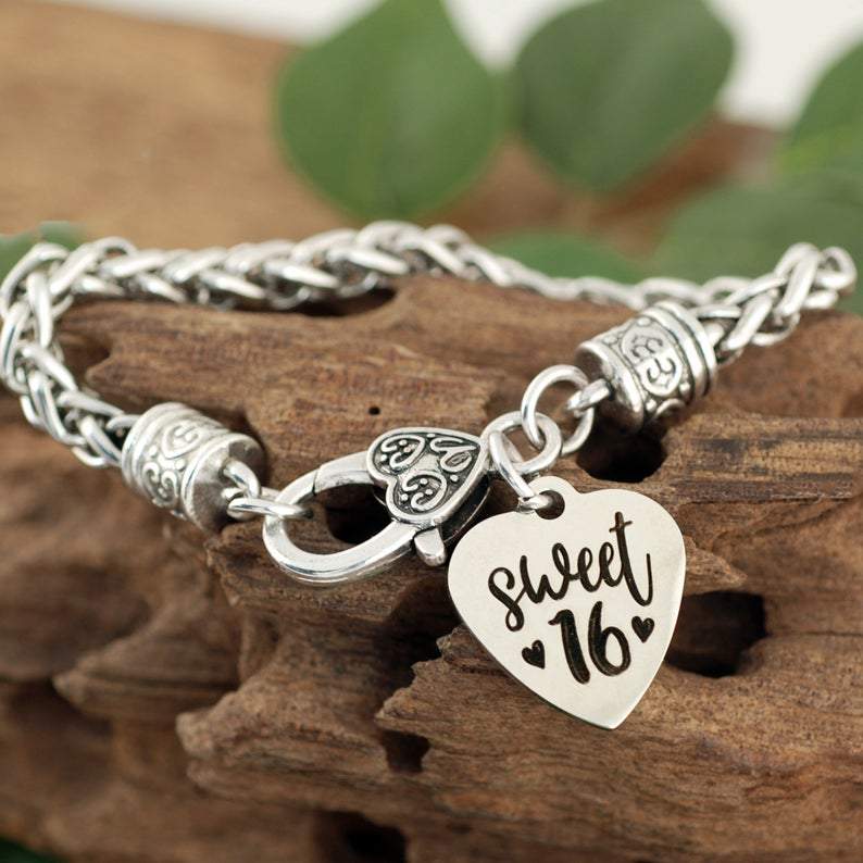 Antique Silver Sweet 16 Bracelet with Heart.