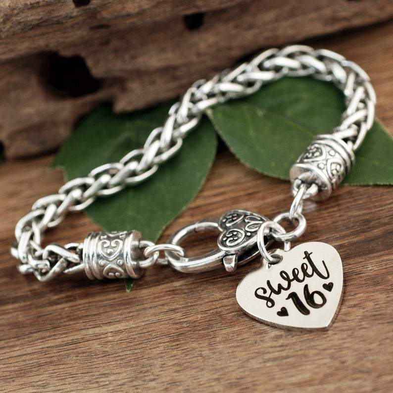 Antique Silver Sweet 16 Bracelet with Heart.