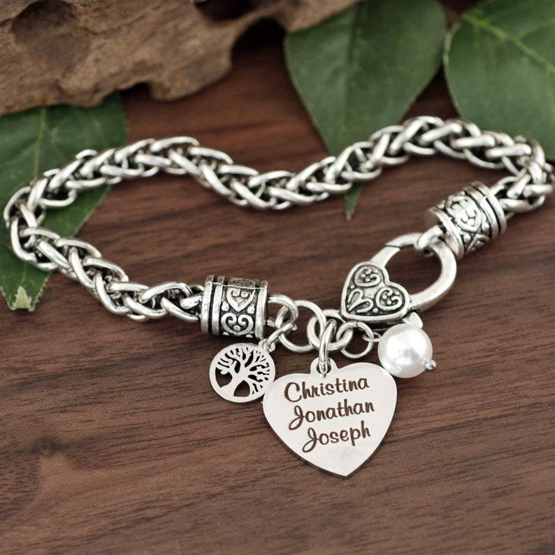 Personalized Family Tree Bracelet with Names on Antique Silver Bracelet.