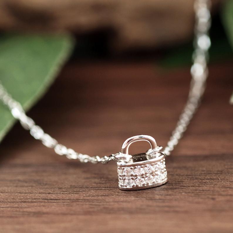 Tiny Crystal Padlock Pendant Necklace.