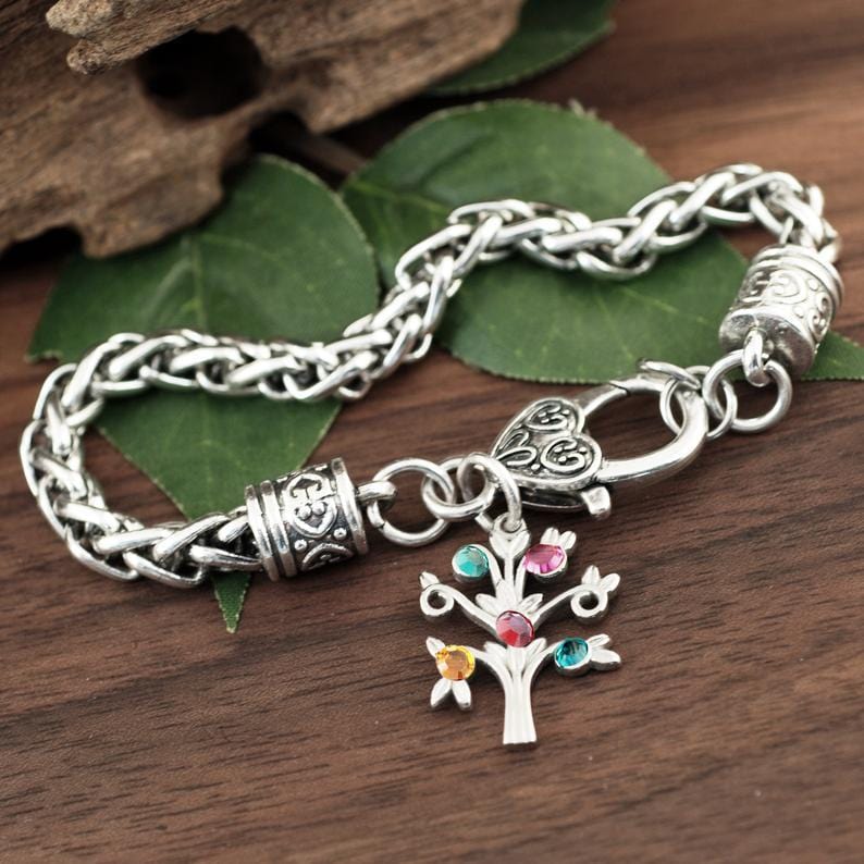 Antique Silver Tree of Life Bracelet with Birthstones.