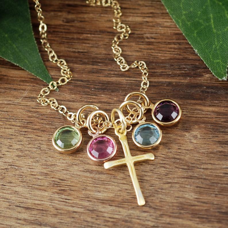 Gold Cross Necklace with Birthstone.