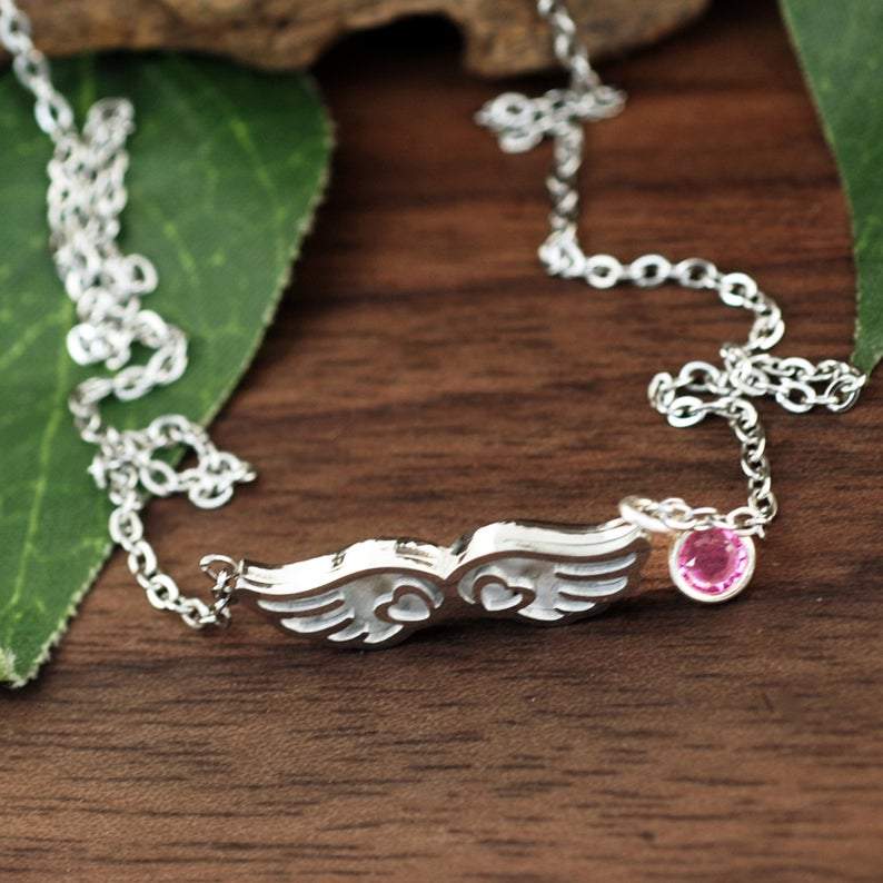 Angel Wing Necklace with Delicate Birthstones.