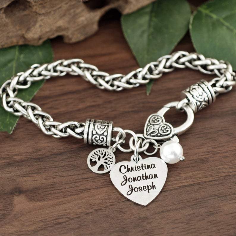 Personalized Family Tree Bracelet with Names on Antique Silver Bracelet.