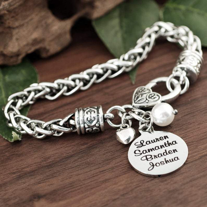 Antique Silver Engraved Mother's Bracelet with Names.