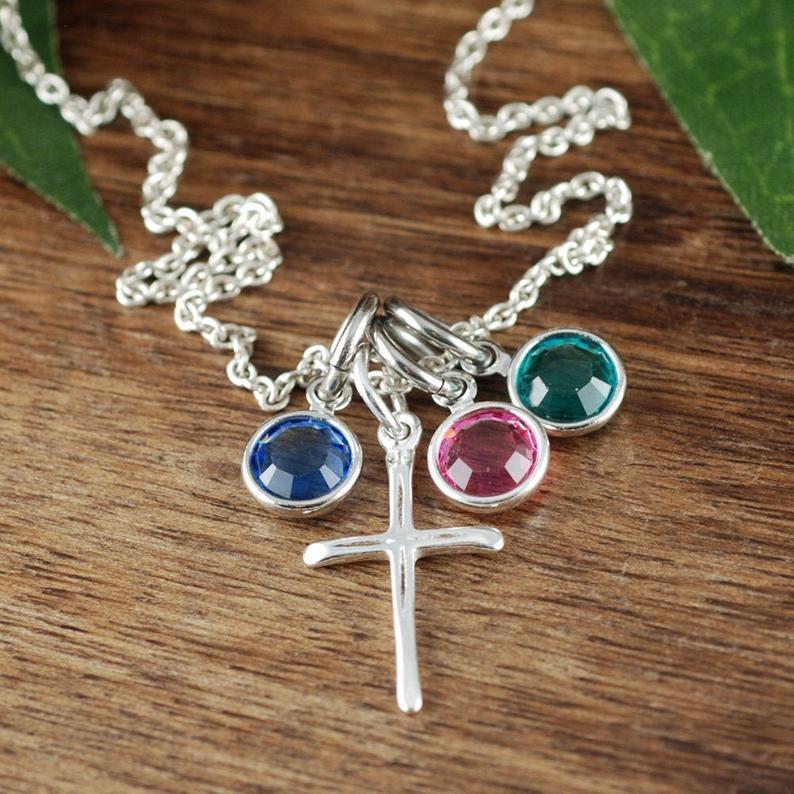 Gold Cross Necklace with Birthstone.