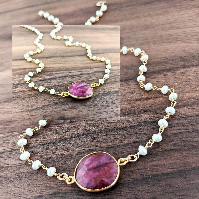 Ruby Gemstone Necklace with Pearl Chain.