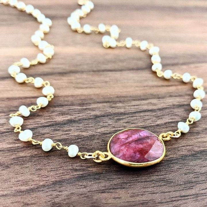 Ruby Gemstone Necklace with Pearl Chain.