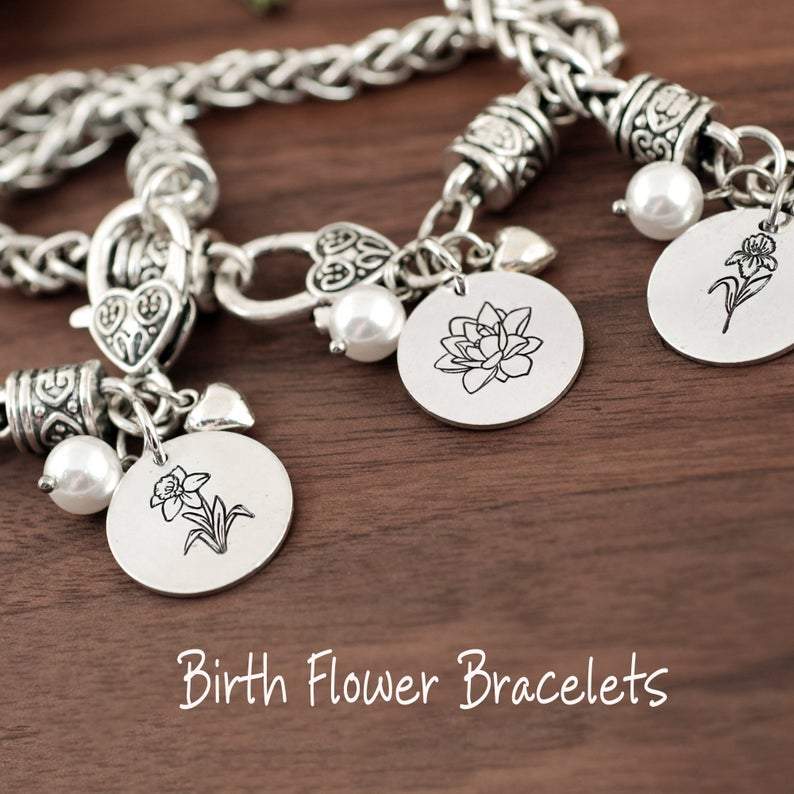 Birth Month Flower Bracelet - Antique Silver Bracelet.