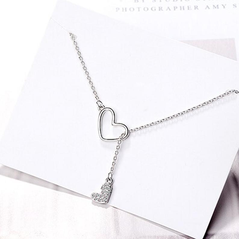 Sterling Silver Double Heart Lariat Necklace.