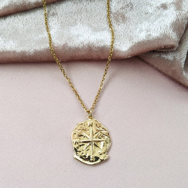 Gold Medallion Compass Necklace.