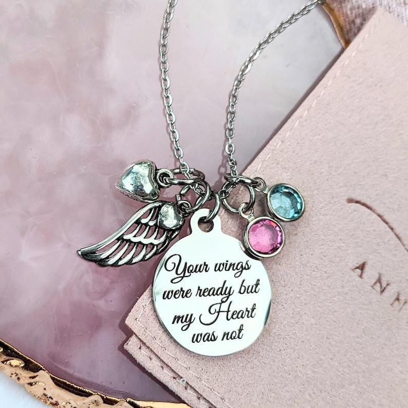 Personalized Memorial Necklace with Angel Wing.