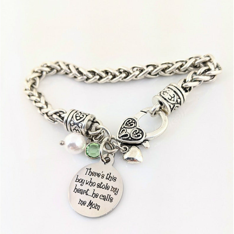 There's This Boy Who Stole My Heart He Calls Me Mom - Antique Silver Bracelet.
