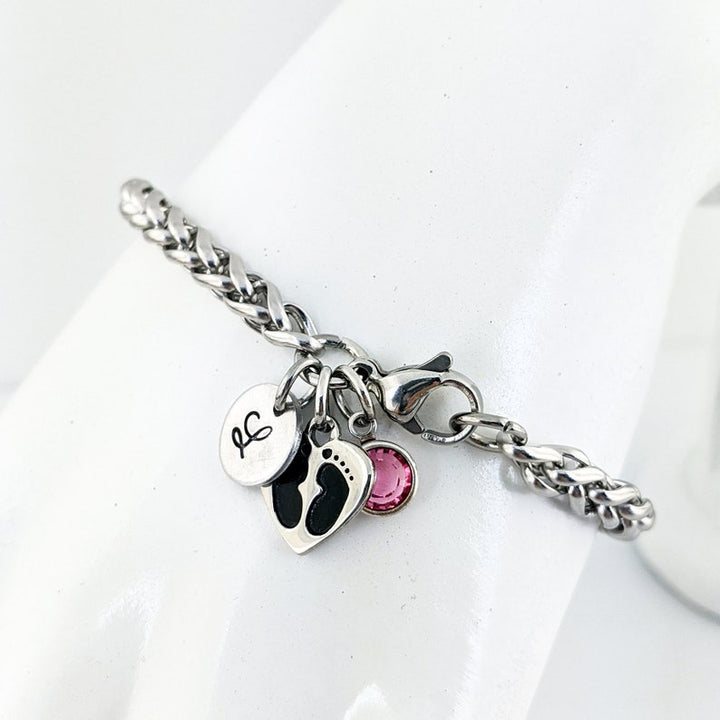 Personalized Birthstone Bracelet for Mom with Baby Feet.