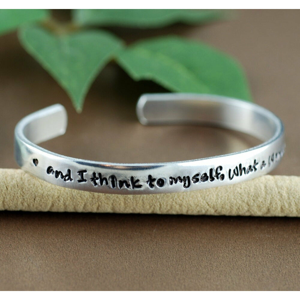 and I think to myself What a wonderful World, Silver Cuff Bracelet, Louie Armstrong Quote, Personalized Bracelets, Anniversary Bracelets.