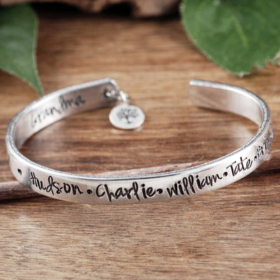 Silver Cuff Name Bracelet with family Tree.