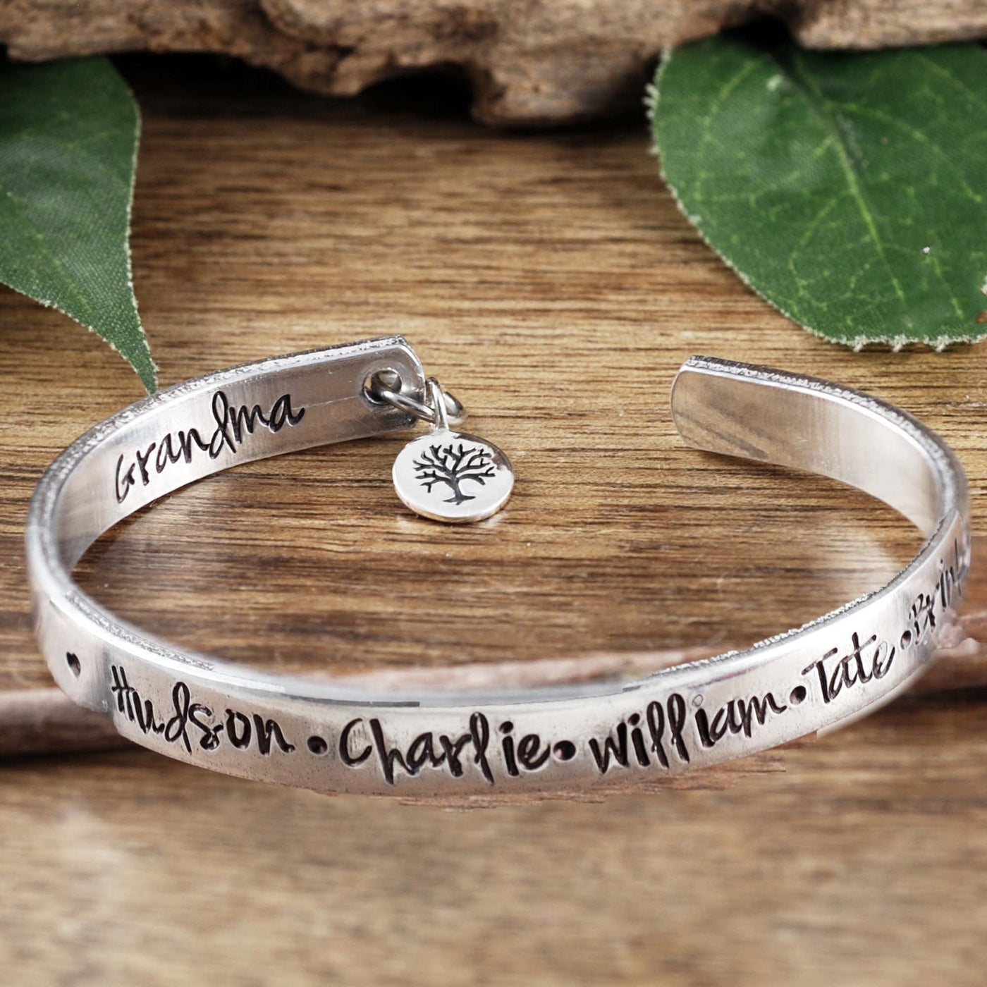 Silver Cuff Name Bracelet with family Tree.