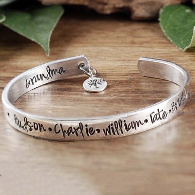 Silver Cuff Name Bracelet with family Tree.