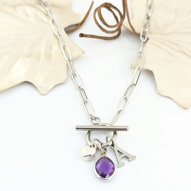 Paperclip Necklace with Birthstone & Initial